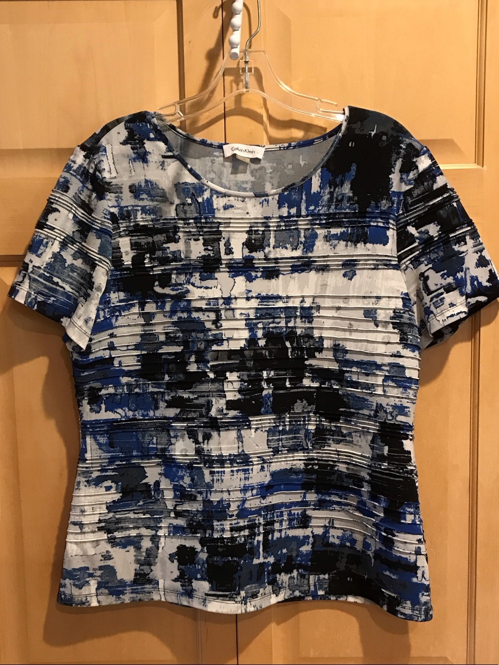 Calvin Klein Blue, Black & White Abstract Short Sleeve Top